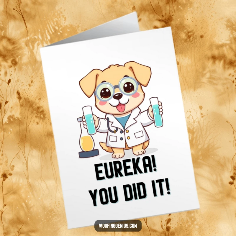 Funny Free Printable Chemist Dog Card: A dog in a lab coat, holding test tubes, celebrating a successful discovery.