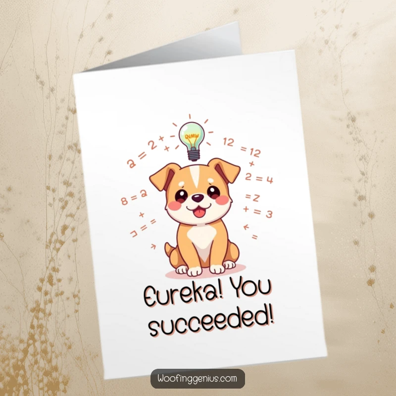 Funny Free Printable Congratulations Card: Dog pondering floating equations, with a bright lightbulb illuminating above, symbolizing a clever solution.