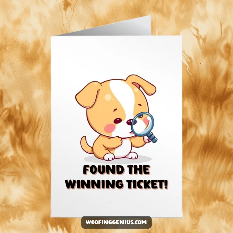 Funny Free Printable Congrats Card: Dog uses magnifying glass to inspect tiny object, celebrating discovery with downloadable art.