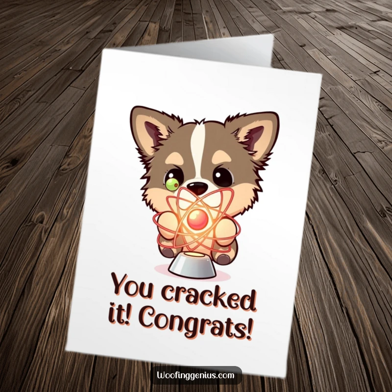 Funny Free Printable Congratulations Card showing a dog curiously observing a spinning atom model, symbolizing exploration and discovery.