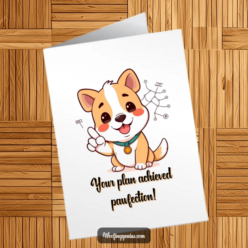 Funny Free Printable Congrats Card: A dog smiles while pointing to a complex diagram, a smart downloadable gift.