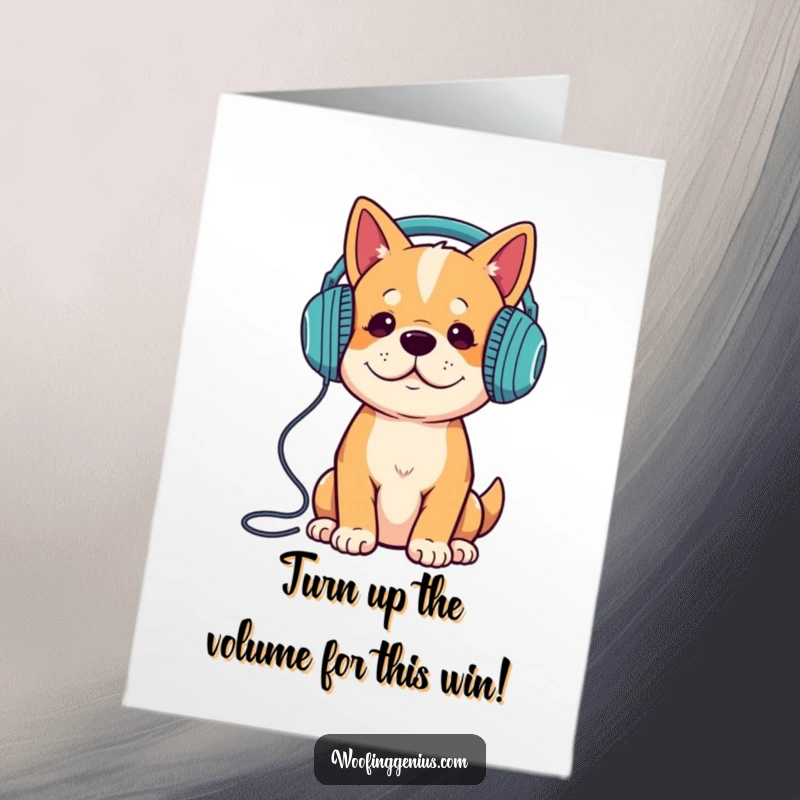 Funny Free Printable Congrats Card: Energetic dog wearing headphones, celebrating an achievement with musical bliss.