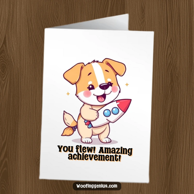 Funny Free Printable Congratulations Card: Dog with Eureka Expression and Rocket Ship.