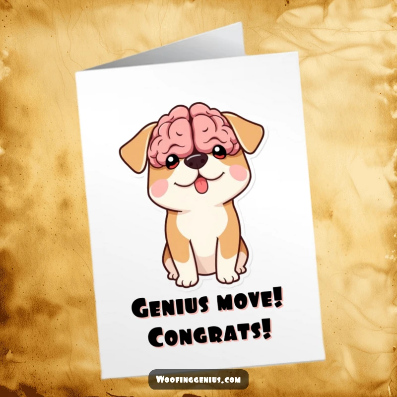 Funny Free Printable Congratulations Card: Dog proudly displaying a comically large brain shape peeking out, signifying intelligence and success.