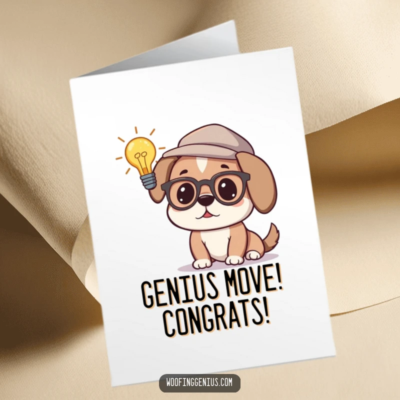 Funny free printable congratulations card, a dog in a thinking cap and glasses, a lightbulb ignites above its head.