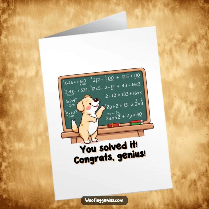 Funny Free Printable Congratulations Card: Dog Pointing at Complex Math Equations, Celebrating Success.