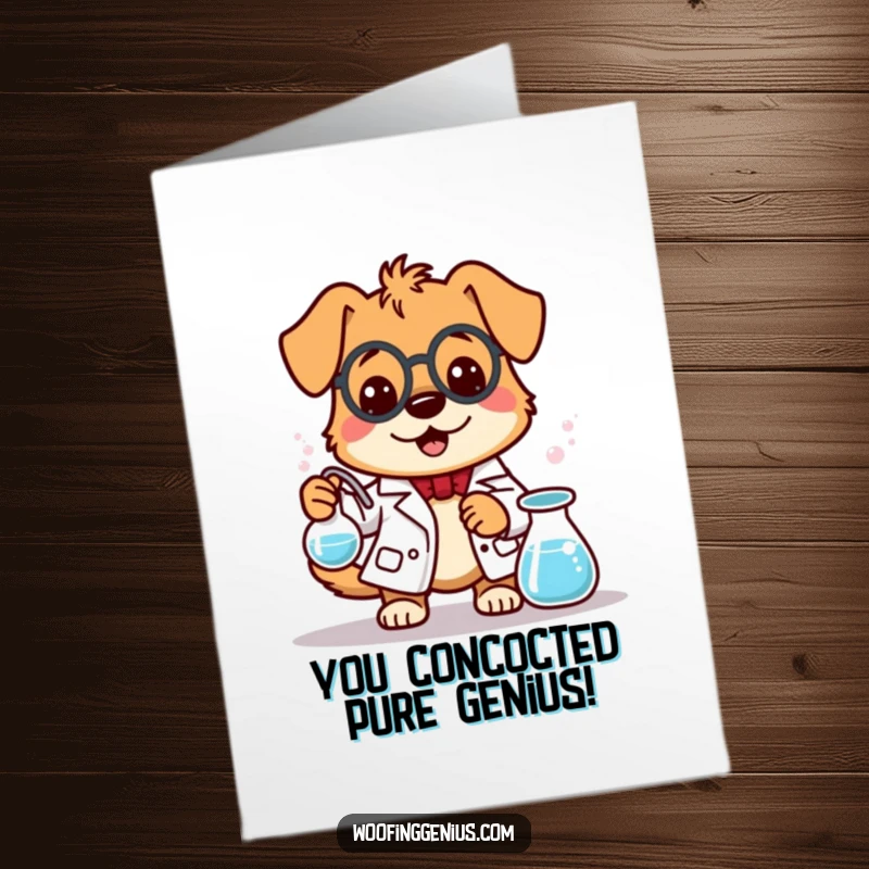 Funny Free Printable Congrats Card: A dog scientist in a lab coat stirs a bubbling beaker, a perfect downloadable gift.