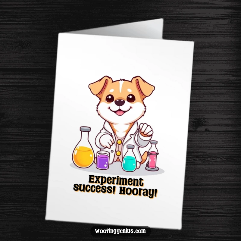Funny Free Printable Congratulations Card: Dog in Lab Coat Mixing Colorful Liquids.