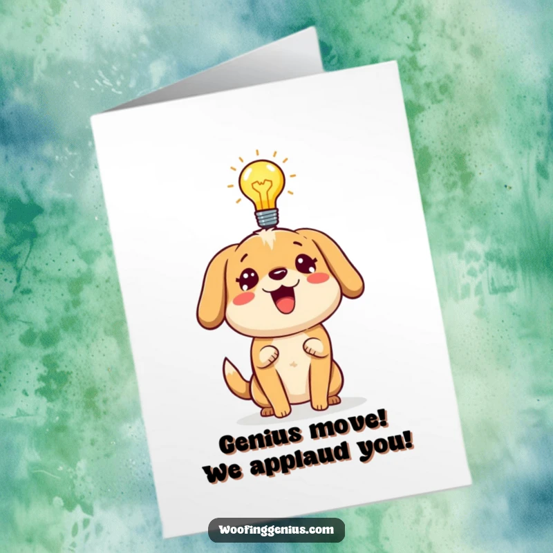 Funny Free Printable Congratulations Card: Dog with Lightbulb Above Head Celebrating Success.