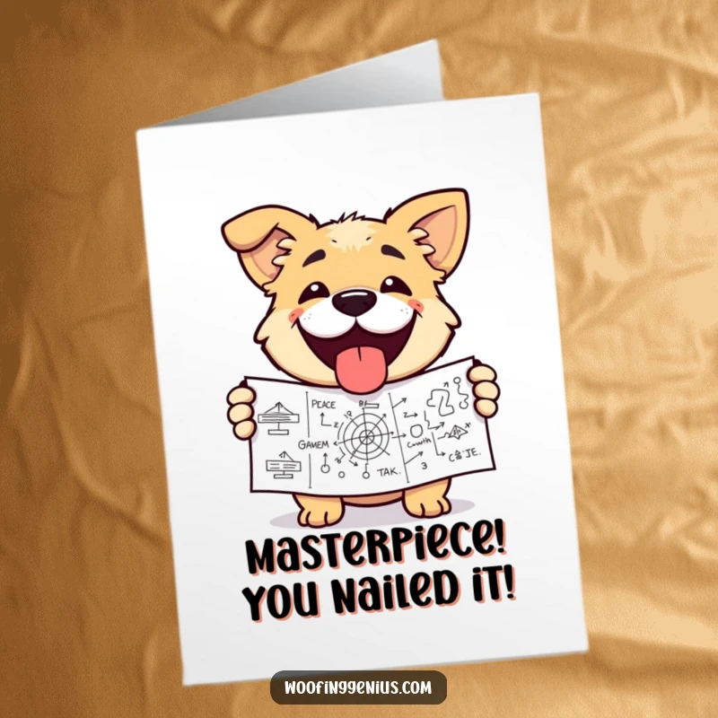Funny Free Printable Congratulations Card: Dog beaming with pride, holding a detailed and intricate diagram, signifying a major accomplishment.