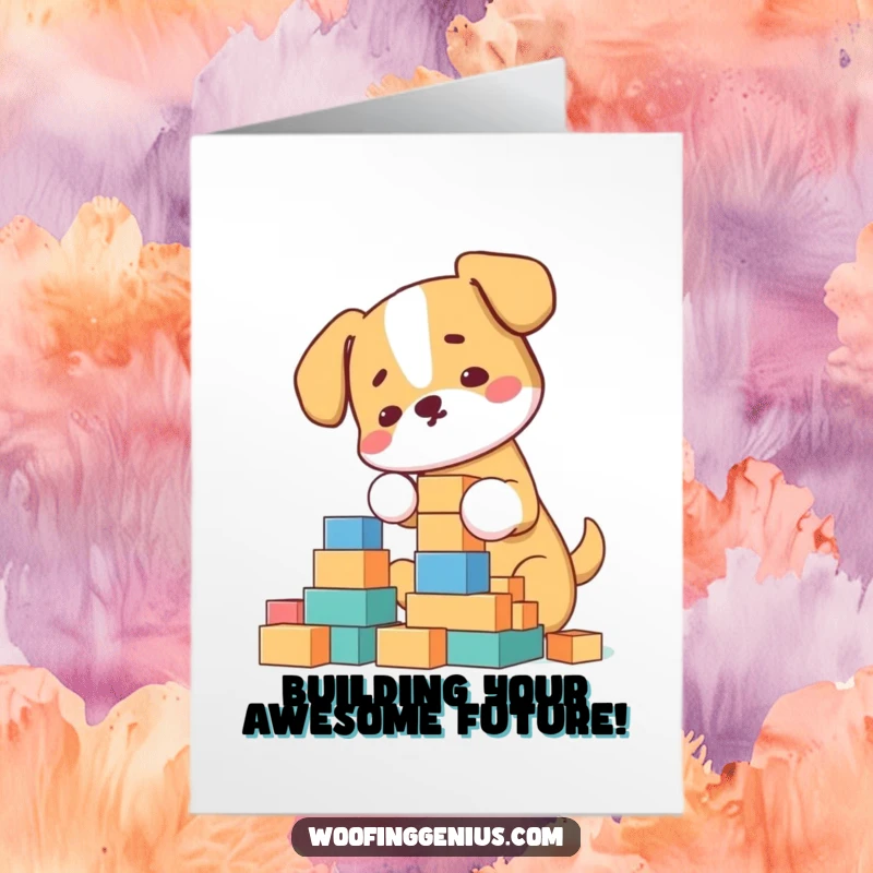 Funny Free Printable Congratulations Card: A dog meticulously arranging building blocks into a towering structure, a downloadable gift.