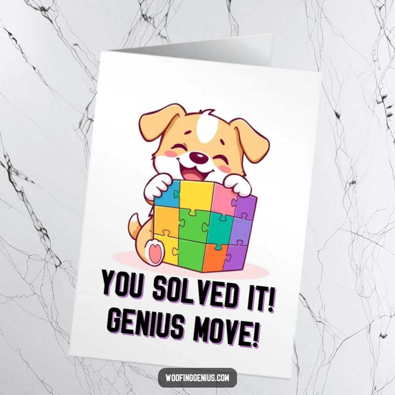 Funny Free Printable Congratulations Card: A joyful dog intently focused on solving a multi-colored puzzle cube.