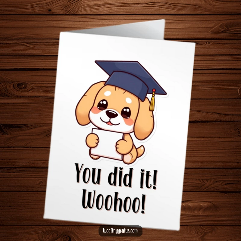 Funny free printable congratulations card of a dog wearing a graduation cap and holding a diploma, celebrating achievement.
