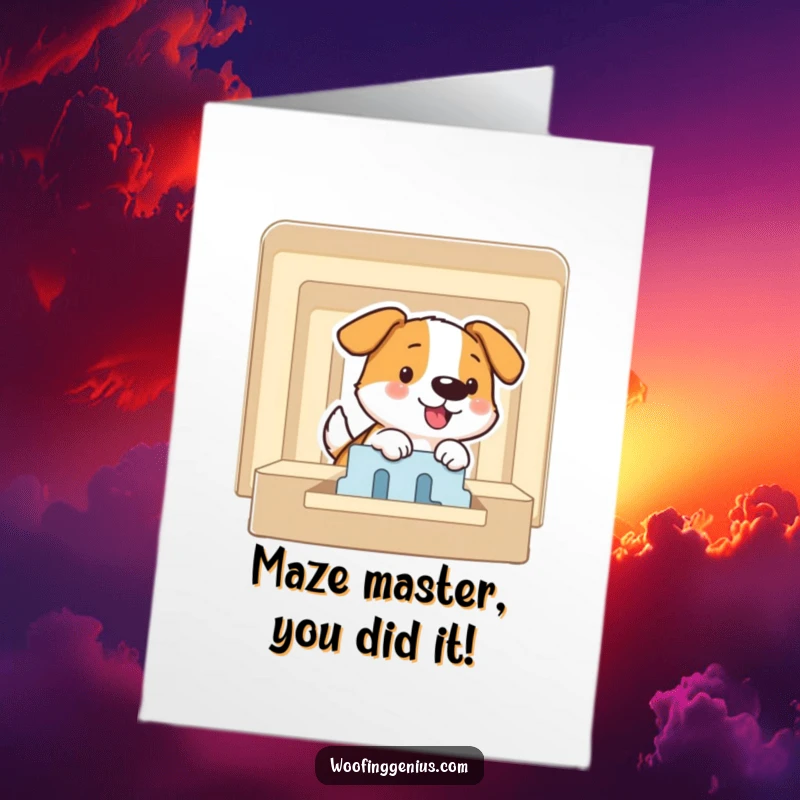 Funny Free Printable Congratulations Card: A smiling dog has solved a complex puzzle maze, celebrating its victory.