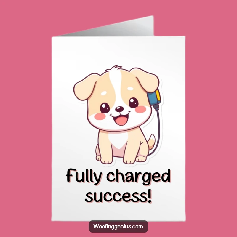 Free Printable Kawaii Dog Congrats Card: Charged Up Success Downloadable