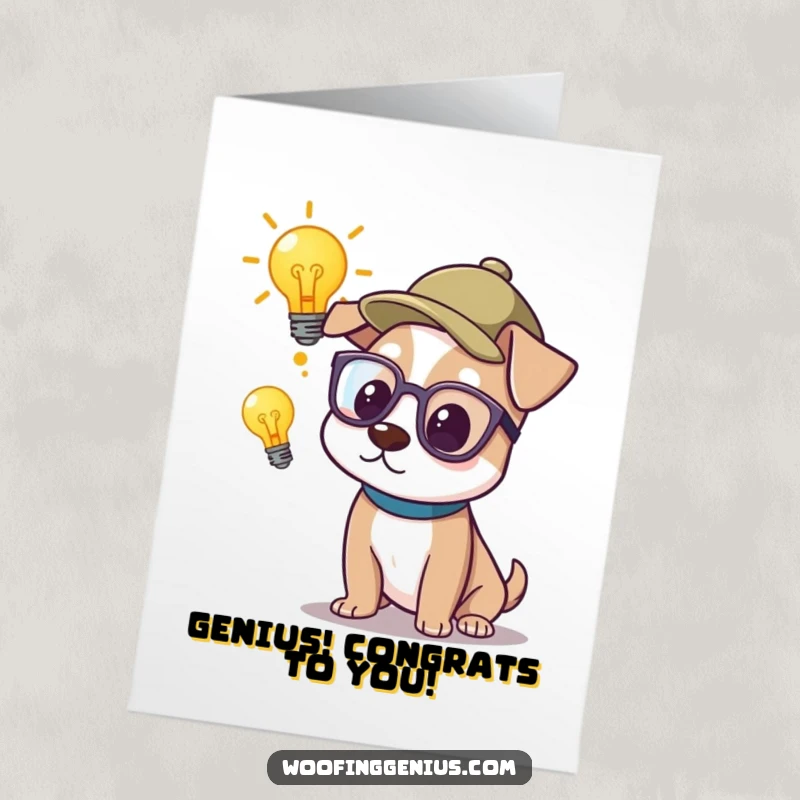 Funny Free Printable Congrats Card: Dog in glasses and thinking cap, lightbulb illuminates, genius idea, celebrating intelligence, downloadable.