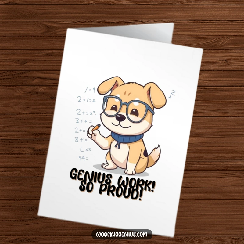 Funny Free Printable Congratulations Card: Studious dog in spectacles intensely writing down scientific or mathematical equations with great concentration.