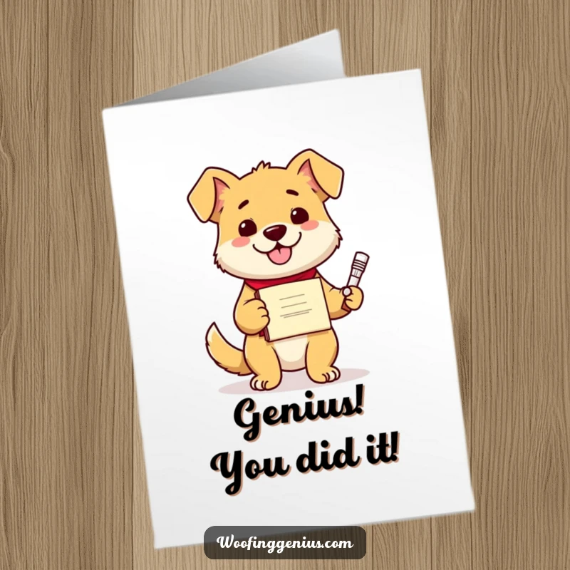 Funny Free Printable Congratulations Card: A proud dog with a diploma displays a bizarre, brilliant new invention, celebrating success.