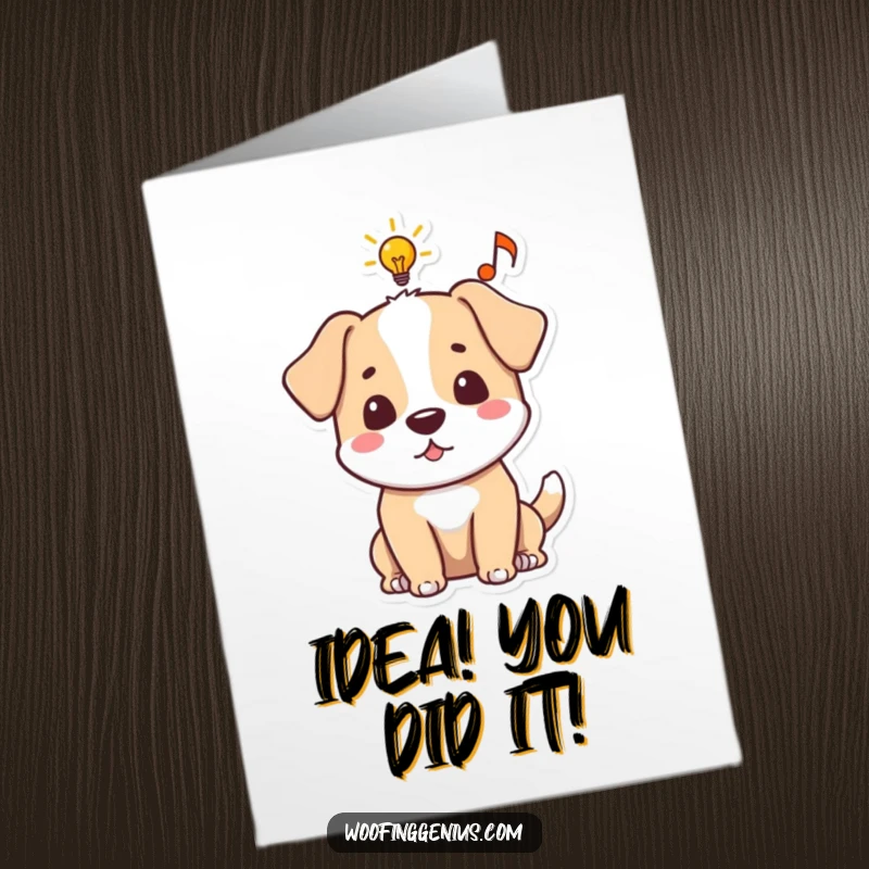 Funny Free Printable Congrats Card: Dog's idea bubble shows a lightbulb and music note, celebrating a great idea.