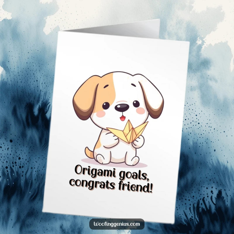 Funny free printable congratulations card: A proud dog holds out a small, intricately folded paper crane, celebrating a creation.