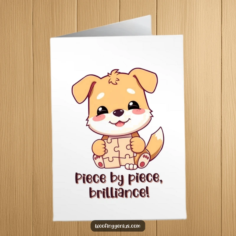 Funny Free Printable Congrats Card: Smirking dog wags tail solving a puzzle, celebrating your amazing achievement.