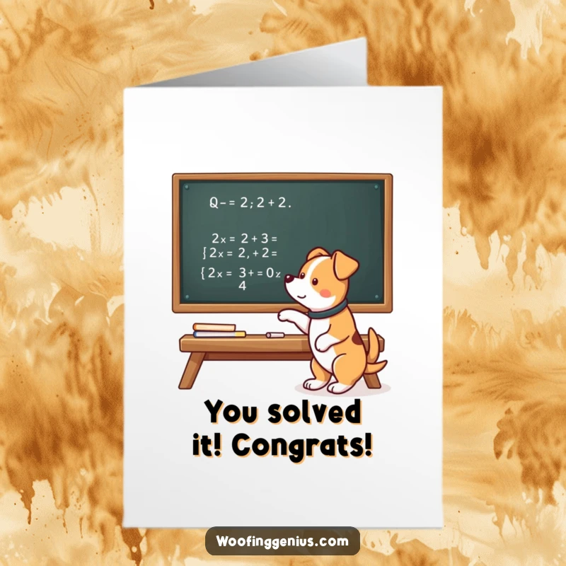 Funny Free Printable Congrats Card: Smart dog points to complex math equation on chalkboard, celebrating success with downloadable art.