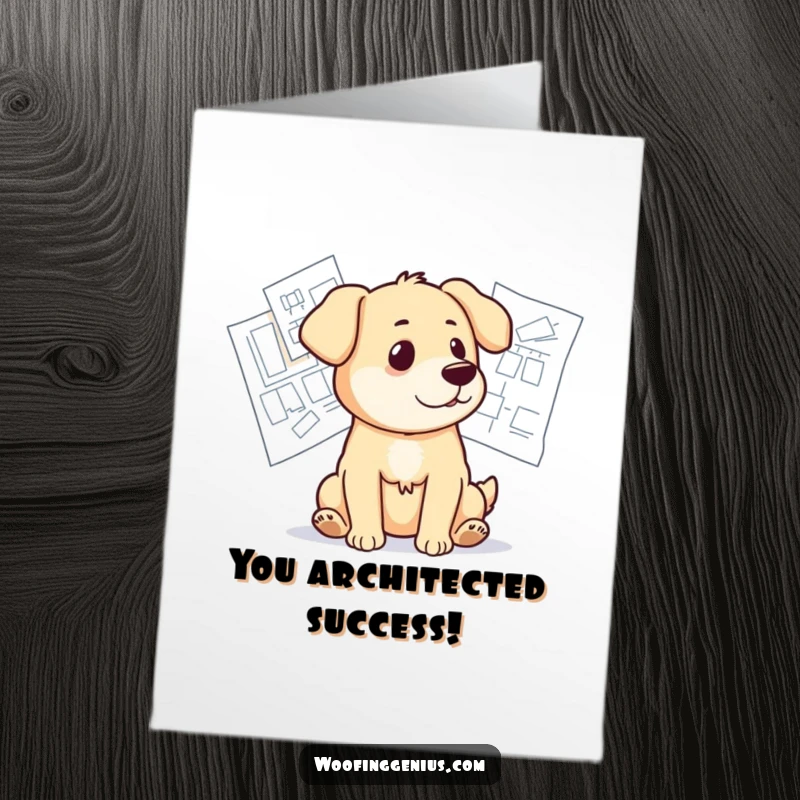 Funny free printable congratulations card of a dog contemplating blueprints, signifying a well-planned and successful achievement.