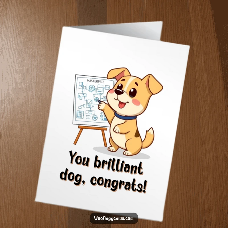 Funny Free Printable Congrats Card: Intelligent dog points at a complex blueprint, indicating success and big ideas.