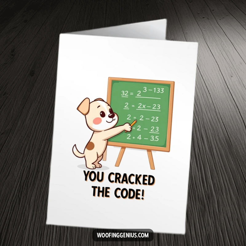 Funny free printable congratulations card of a dog pointing to a blackboard filled with solved equations, signifying a brilliant success.