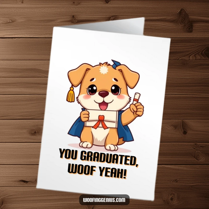 Funny free printable congratulations card: A proud dog wearing a graduation cap holds a small diploma, celebrating success.