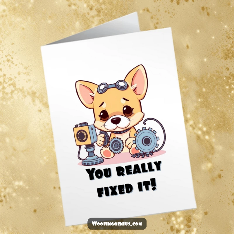 Funny Free Printable Dog Engineer Card: Congratulate with a dog cleverly working on gears and wires, celebrating success.