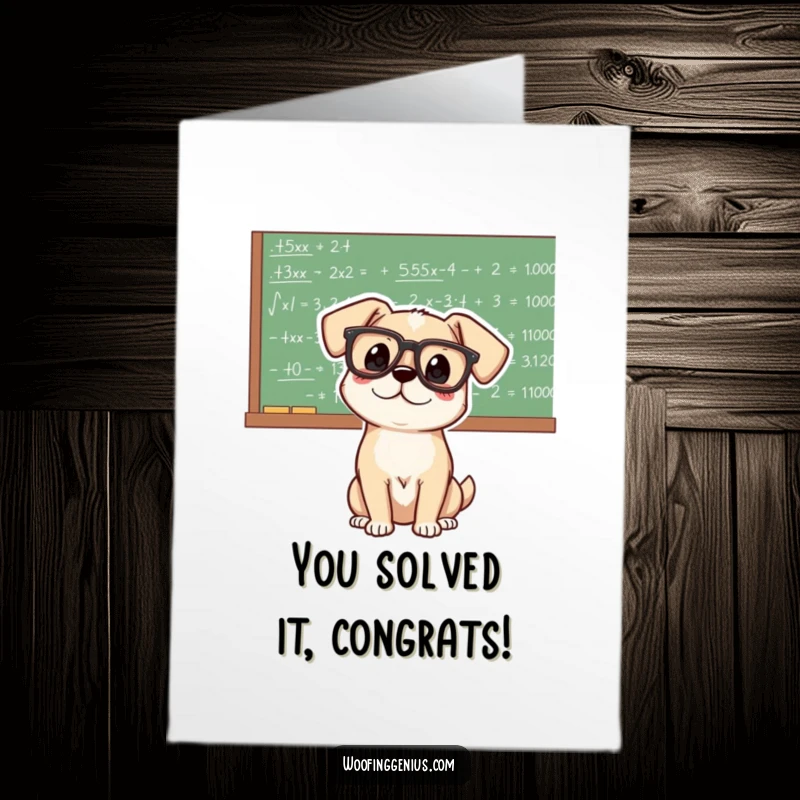 Funny Free Printable Congratulations Card: A dog wearing glasses looks at a chalkboard filled with complex equations.