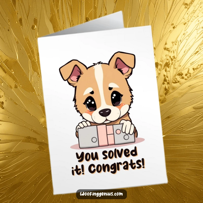 Funny Free Printable Congratulations Card: A dog staring thoughtfully at a completed complex puzzle, a downloadable gift.