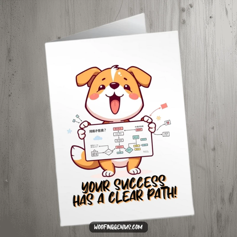 Funny Free Printable Congrats Card: A smart dog enthusiastically shows off a complex flowchart, a perfect downloadable gift.