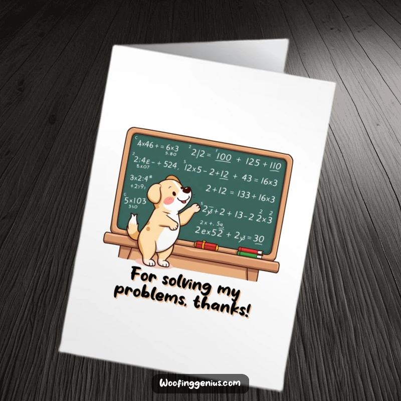 Funny Free Printable Thank You Card: Dog Excitedly Pointing at Complex Math Equations.