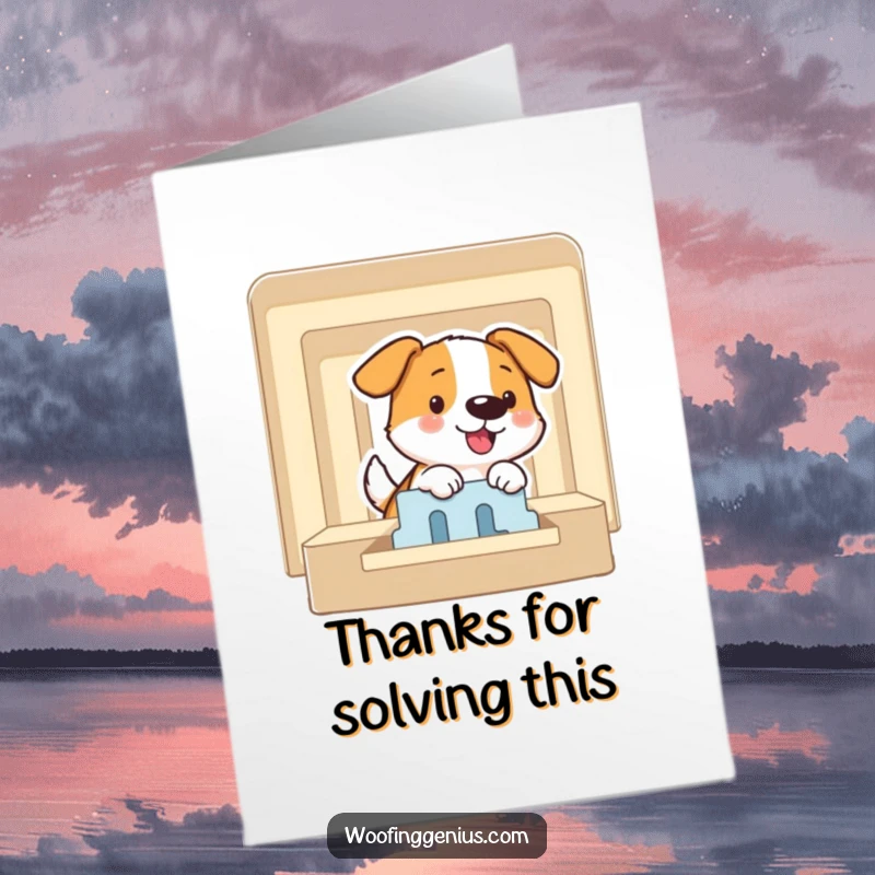 Funny Free Printable Thank You Card: A delighted dog smiles after expertly completing a challenging maze puzzle.