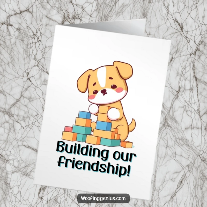 Funny Free Printable Thank You Card: A dog carefully building a tall tower with blocks, a downloadable gift.