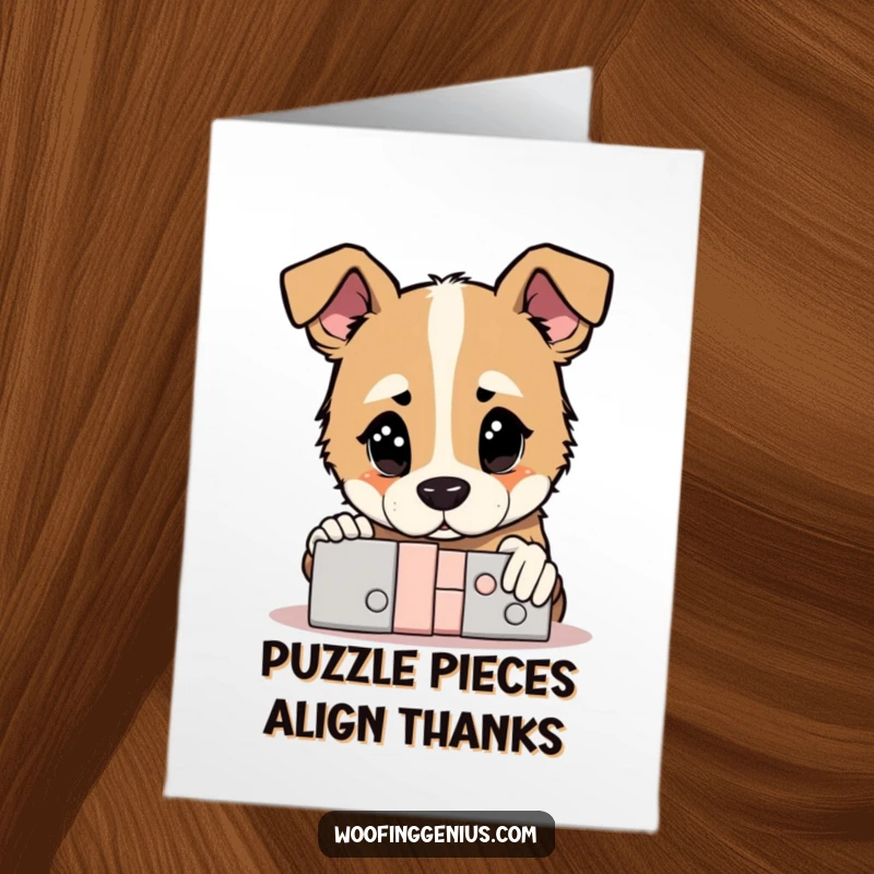 Funny Free Printable Thank You Card: A dog with a thoughtful gaze contemplating a solved puzzle, a downloadable gift.