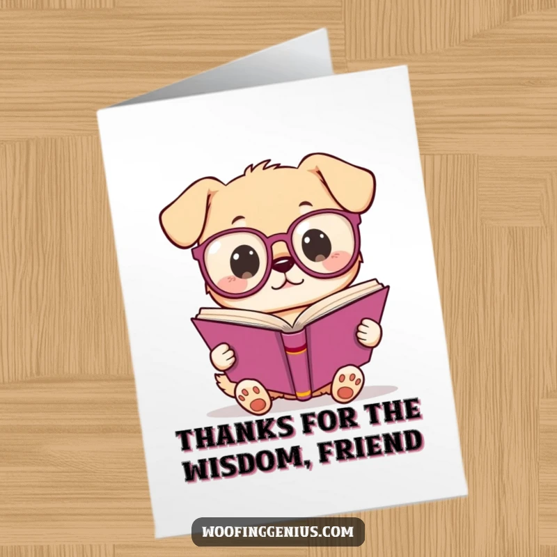 Funny Free Printable Thank You Card: Kawaii dog with glasses reading a book, conveying thanks.