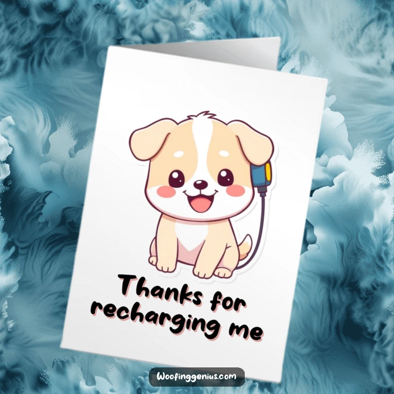 Funny Free Printable Thank You Card: Kawaii dog smiling while plugging a charger into its head, full of thanks.