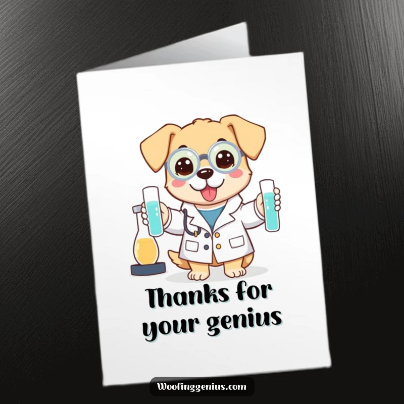 Funny Free Printable Researcher Dog Thank You Card: A dog scientist holding test tubes, offering thanks for a great experiment.