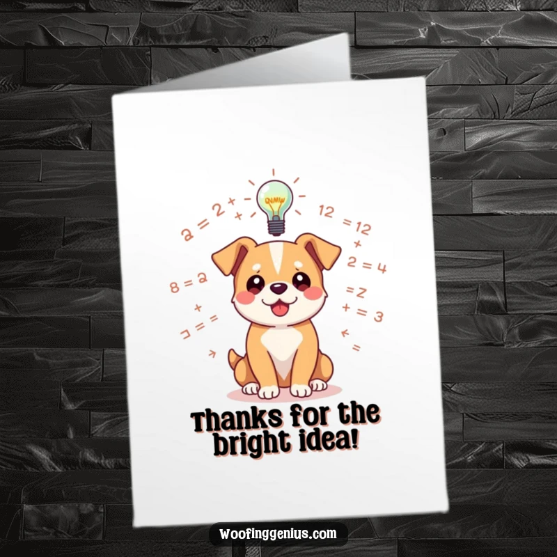 Funny Free Printable Thank You Card: A dog with floating equations and a shining lightbulb above, signifying a clever concept.