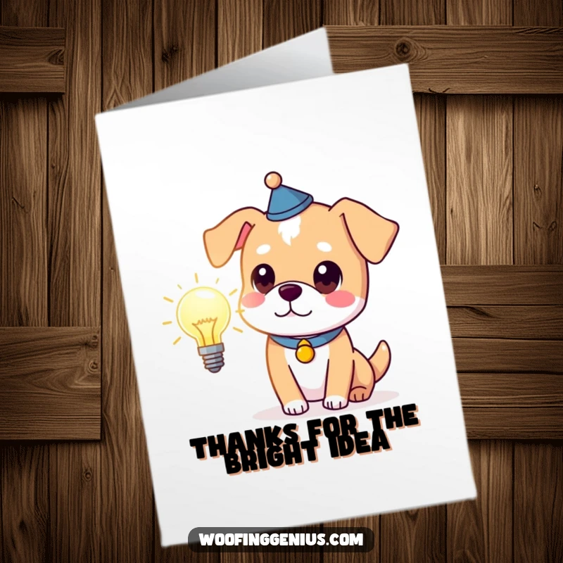 Funny Free Printable Thank You Card: Clever dog wearing a thinking cap, holding a glowing lightbulb, symbolizing gratitude.