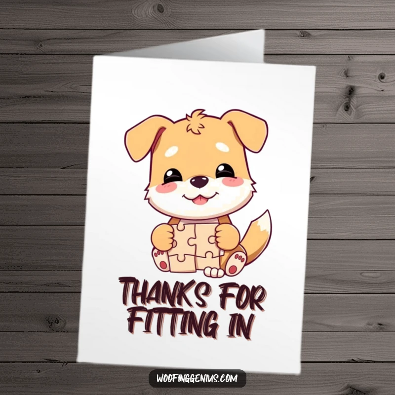 Funny Free Printable Thank You Card: Smirking dog celebrates solving a jigsaw puzzle, perfect for expressing thanks.