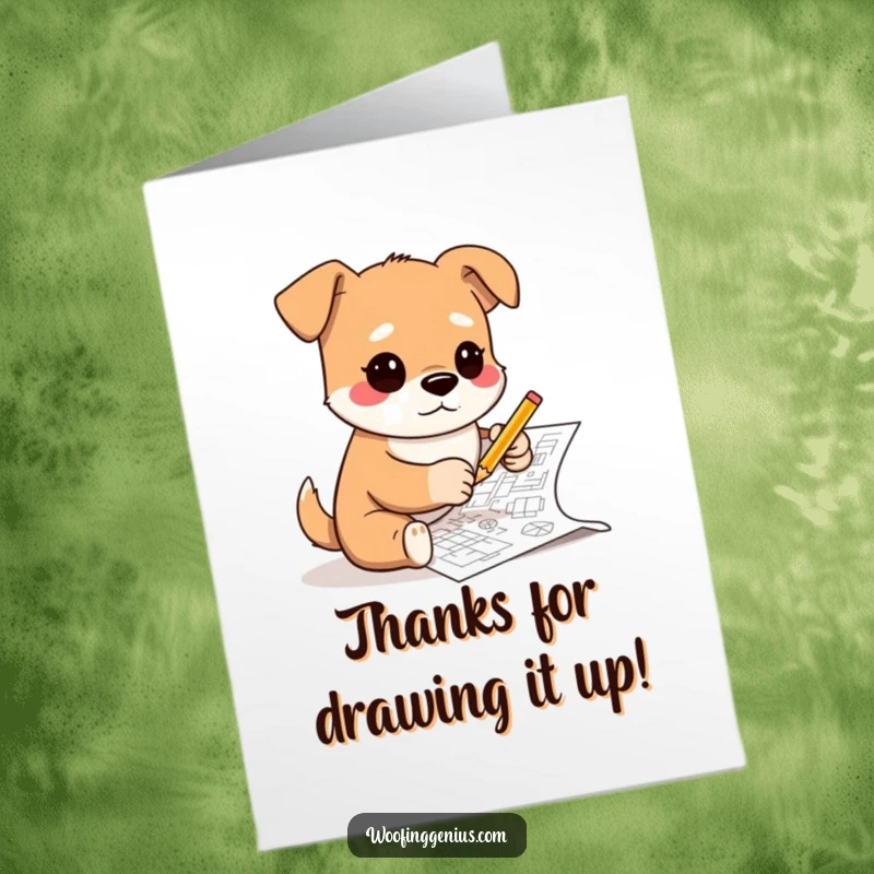 Funny free printable thank you card, a dog intently sketching complex technical blueprints with a tiny pencil.