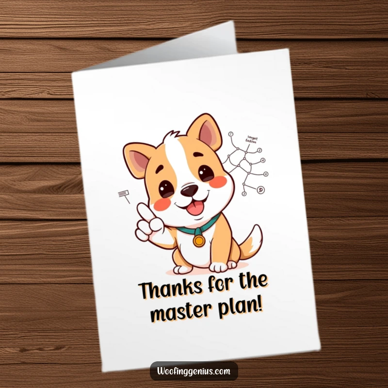 Funny Free Printable Thank You Card: A dog happily points to a complex diagram, making thanks clear and funny.