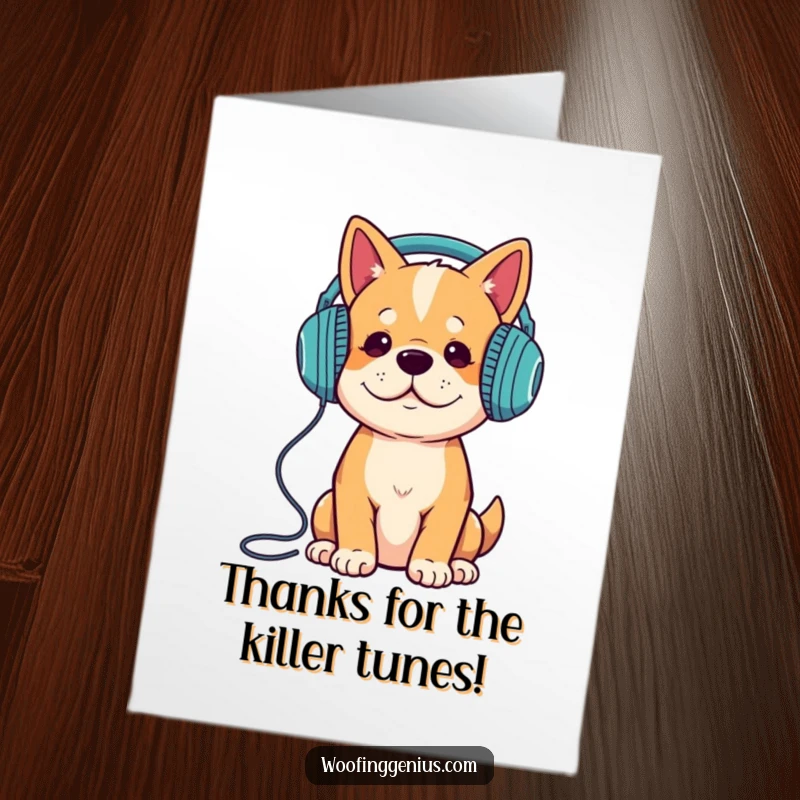 Funny Free Printable Thank You Card: Dog in headphones, showing profound gratitude through intense musical focus.