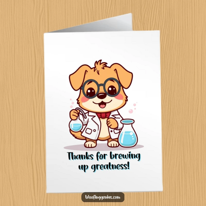 Funny Free Printable Thank You Card: A dog in a lab coat stirs a bubbling beaker, a hilarious DIY gift.