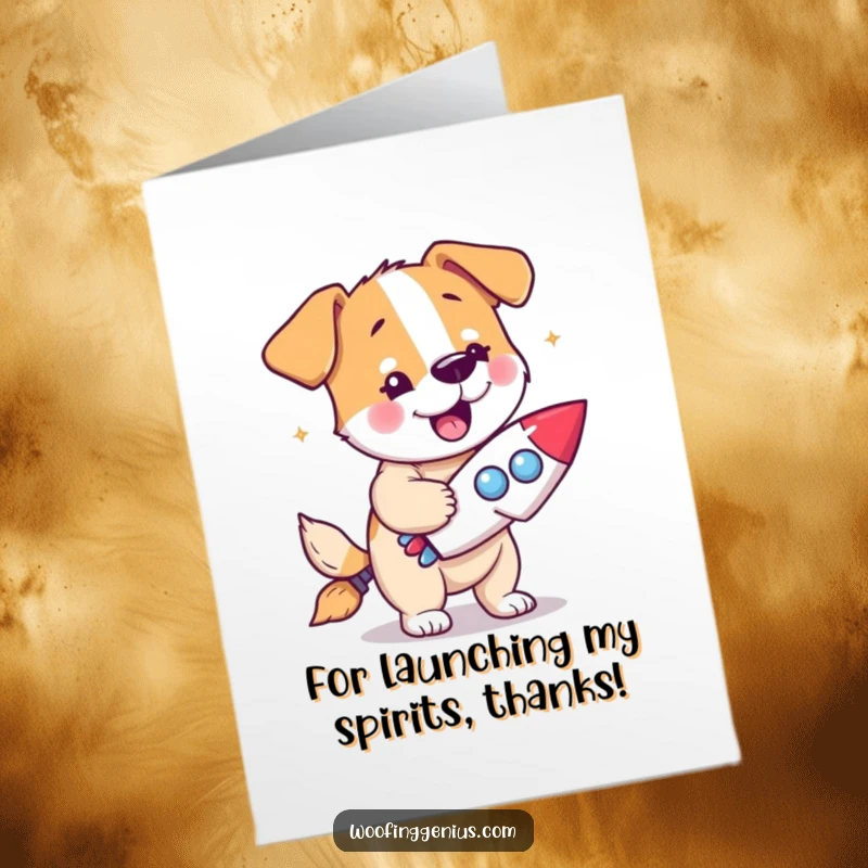 Funny Free Printable Thank You Card: Dog with Eureka Expression Holding Miniature Rocket Ship.