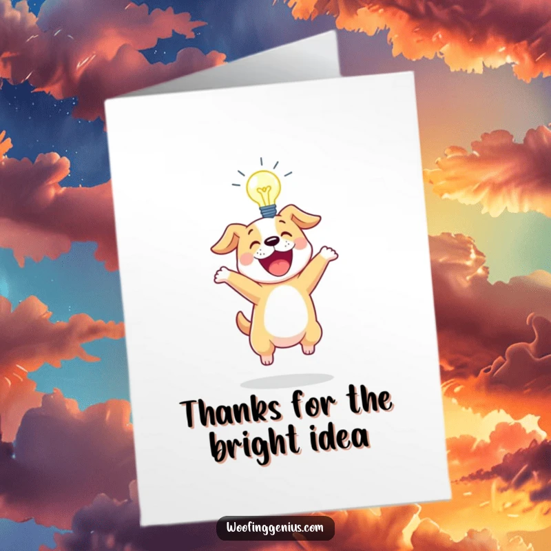 Funny Free Printable Thank You Card: Excited dog bouncing, a bright lightbulb hovering overhead representing thanks for a great idea.